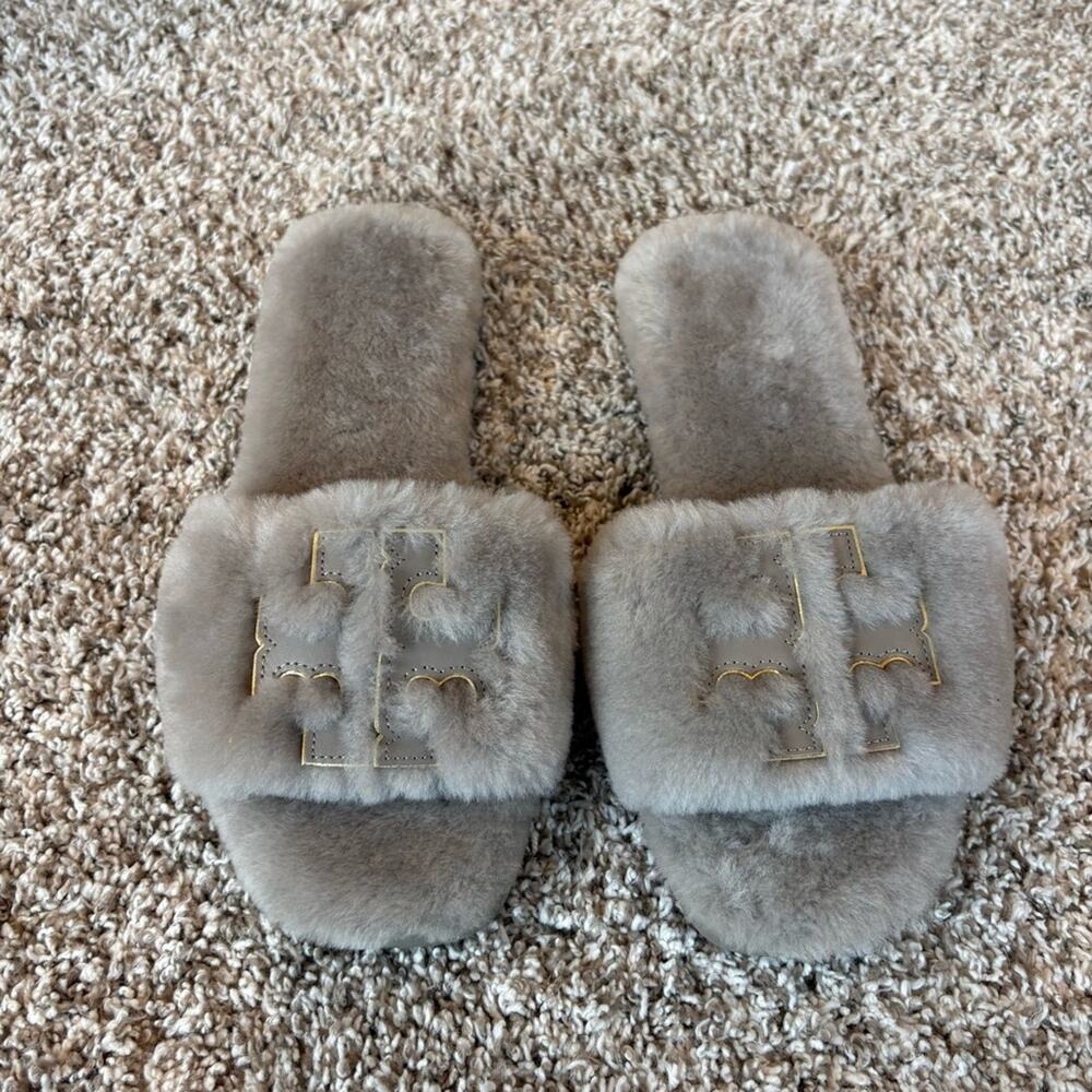 Tory Burch Women's Double T Shearling Slide Sandal Gray Heron Size 8.5 - Picture 2 of 7